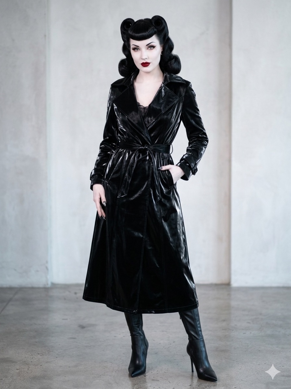 Black Long Trench Coat with Belt - Women